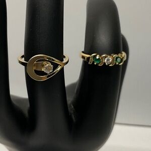 Avon  Gold-Tone Teardrop Ring with Clear Crystal – Size 5 & Green Band Ring